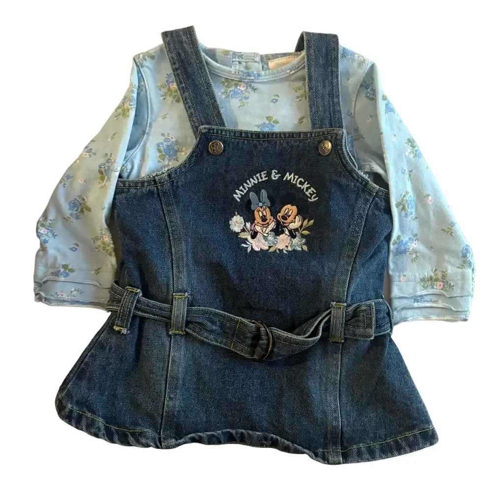 Vintage Kids Mickey + Minnie Denim Overall Dress + Shirt Matching Set Size 18M